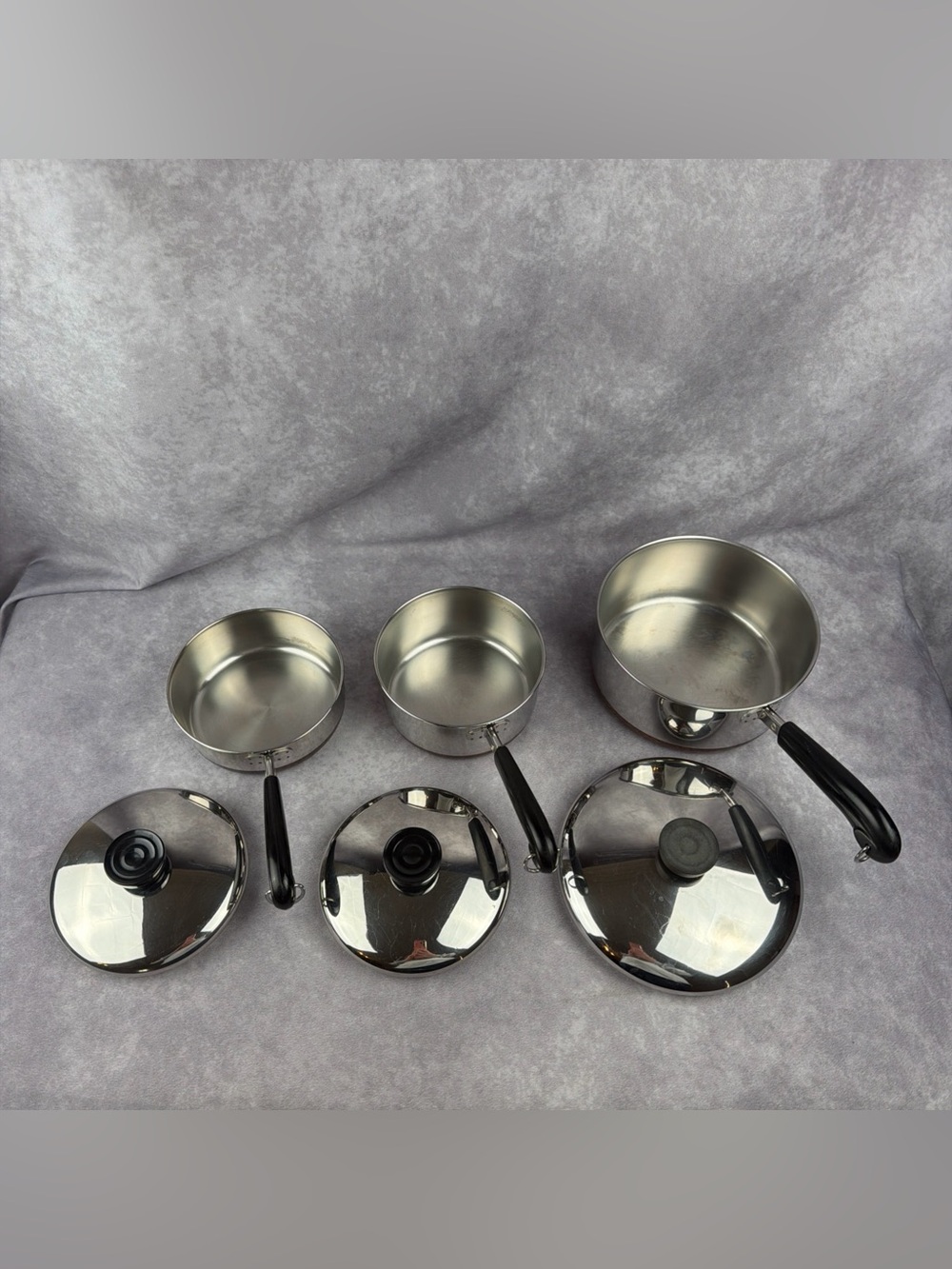 VTG Revere Ware Copper Bottom Set 3 Saucepans w/Lids 2Qt 1Qt 3/4Qt Clinton USA